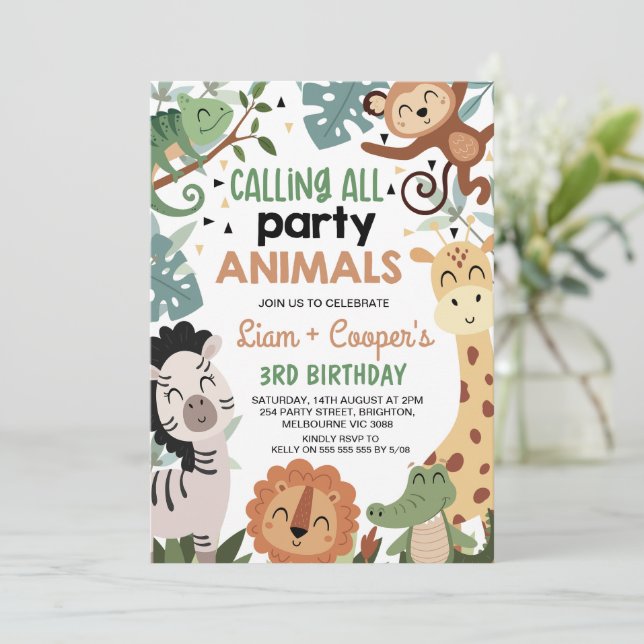 Twins Brown Green Calling Party Animals Birthday Invitation (Standing Front)