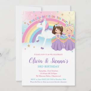 Twins Brunette Blonde Princesses Unicorn Birthday  Invitation