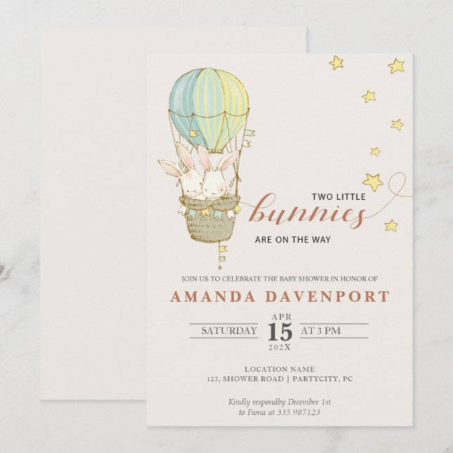 TWINS Bunny Balloons baby shower Invitation (Front/Back)
