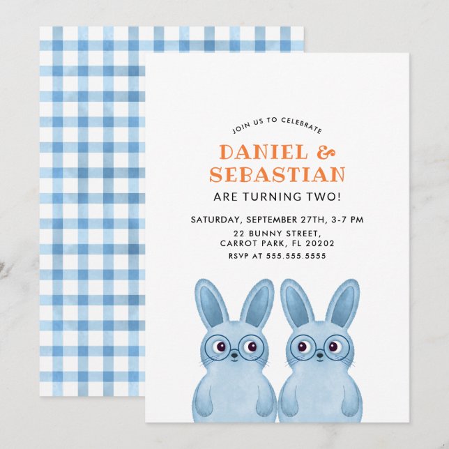 Twins Bunny Birthday Party for Baby Boys Invitation (Front/Back)