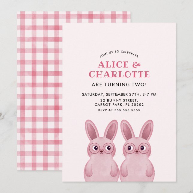 Twins Bunny Birthday Party for Baby Girls Invitation (Front/Back)