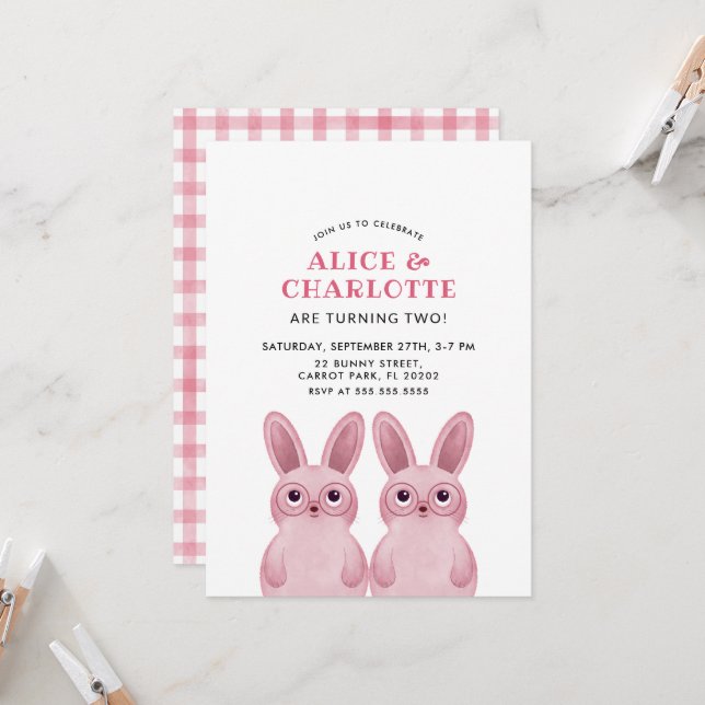 Twins Bunny Birthday Party with Pink Glasses, Invitation (Front/Back In Situ)