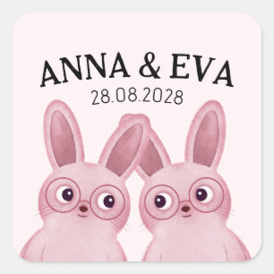 Twins Bunny Birthday Party with Pink Glasses Square Sticker