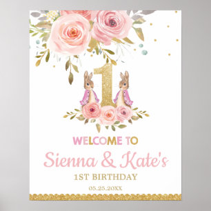 Twins Bunny Rabbit Twin Girls 1st Birthday Welcome Poster