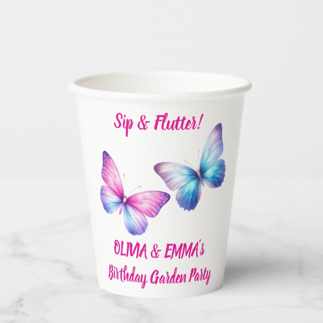Twins Butterfly Birthday Paper Cups |Sip & Flutter (Front)