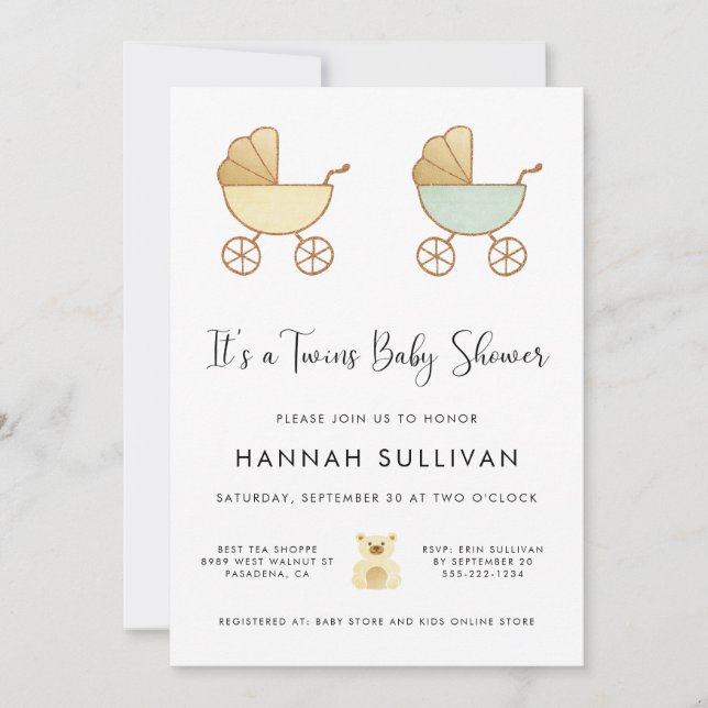 Twins Carriage Yellow Green Gold Watercolor Shower Invitation (Front)