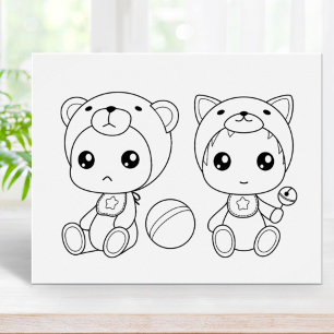 Twins Cat Bear Baby Jumpsuit Colouring Page Poster