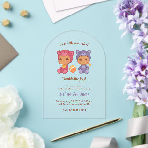 Twins Cat Bear Gender Neutral Baby Shower Acrylic Invitations