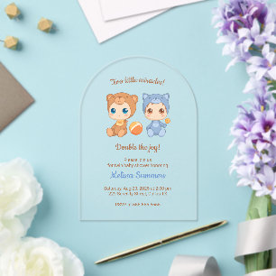 Twins Cat Bear Gender Neutral Baby Shower Acrylic Invitations