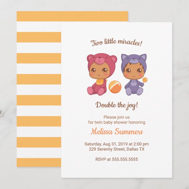 Twins Cat Bear Gender Neutral Baby Shower Invitation (Front/Back)