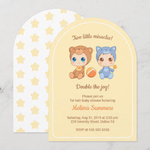 Twins Cat Bear Gender Neutral Baby Shower Yellow Invitation