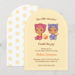 Twins Cat Bear Gender Neutral Baby Shower Yellow Invitation
