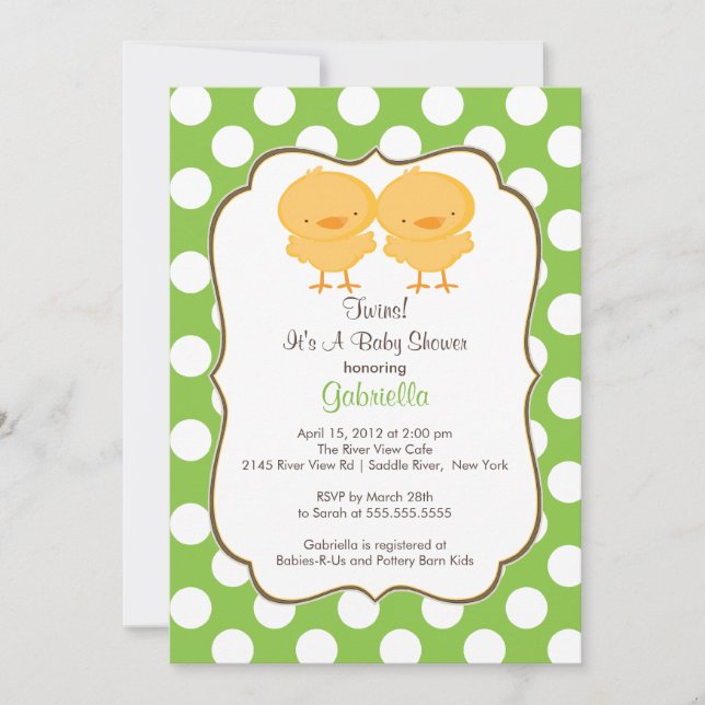 Twins Chick Baby Shower Invitation Green Girl Boy (Front)