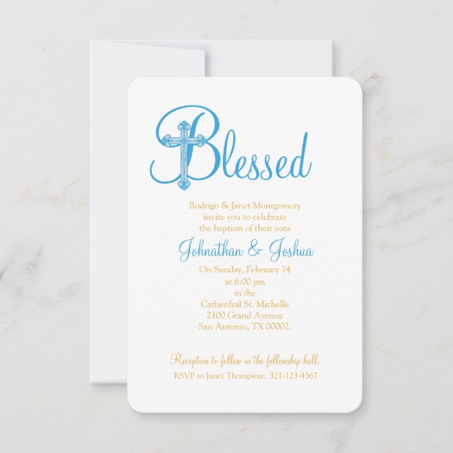 twins CHRISTENING or BAPTISM blue gold cross Invitation (Front)