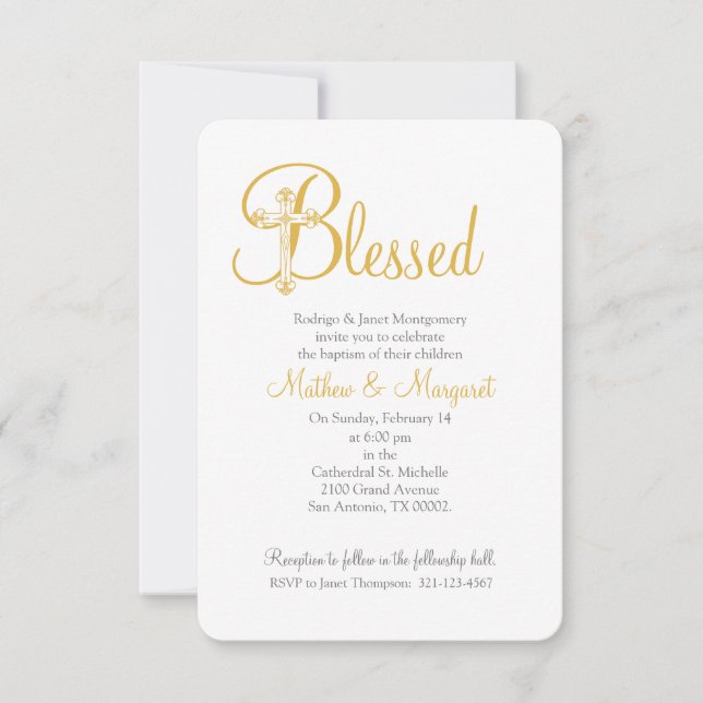 twins CHRISTENING or BAPTISM gold cross Invitation (Front)