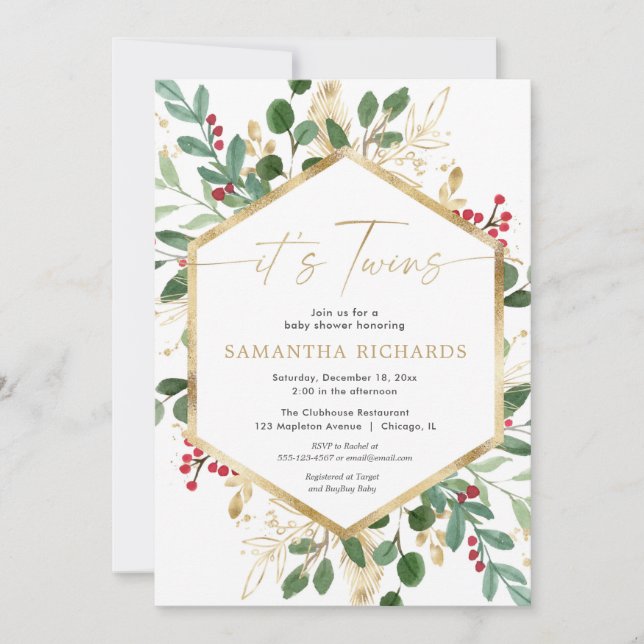 Twins Christmas floral elegant baby shower Invitation (Front)