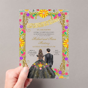 Twins Colorful Floral Fiesta Gold Frame Mis Quince Acrylic Invitations