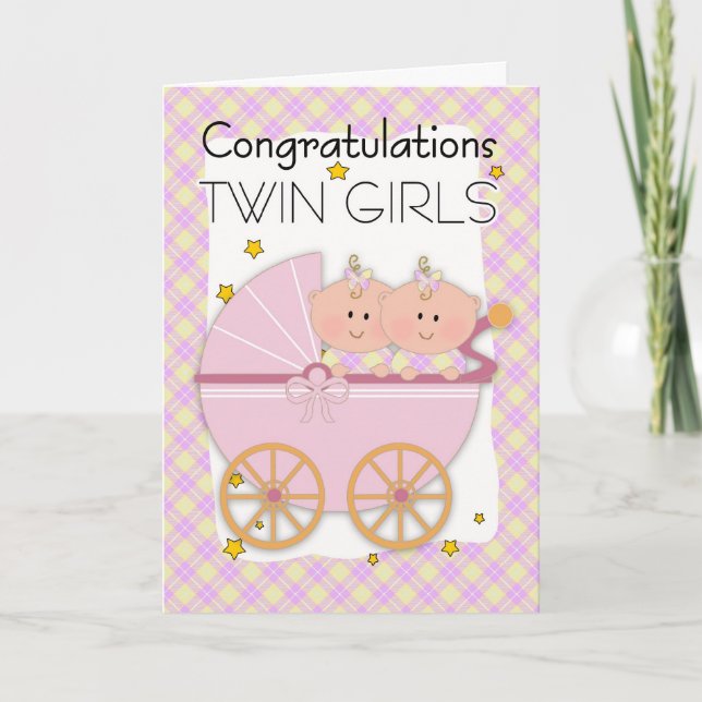 Twins - Congratulations Twin Girls In A Pram Card (Front)