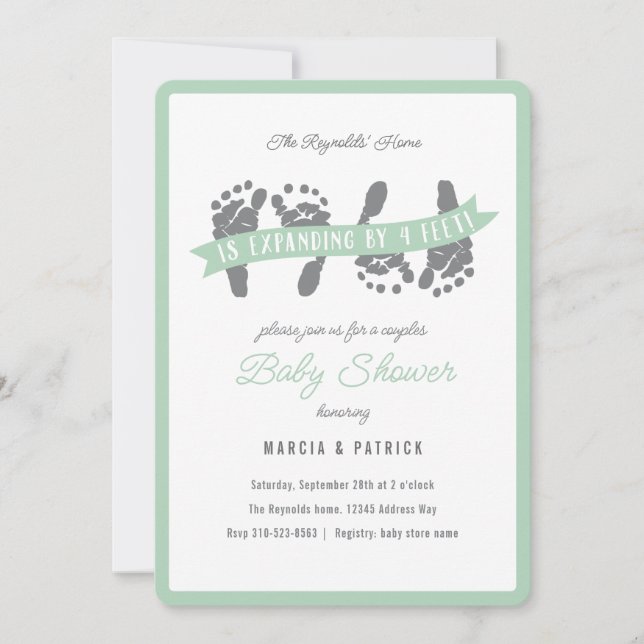 Twins Couples Shower Green Grey Baby Shower Invitation (Front)