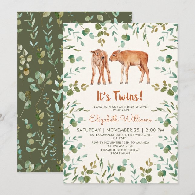 Twins Cute Baby Bison Baby Shower Invitation (Front/Back)