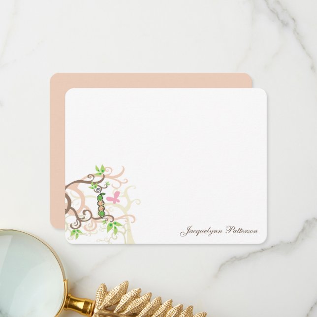 Twins Cute Baby Girls Whimsical Pink Peas in Pod Thank You Card (Front/Back In Situ)