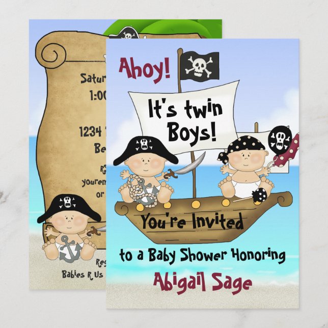Twins Cute Little Buccaneer Baby Shower Pirate Invitation (Front/Back)