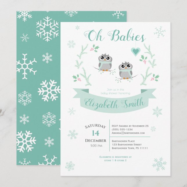Twins Cute owls gender neutral winter babyshower Invitation (Front/Back)