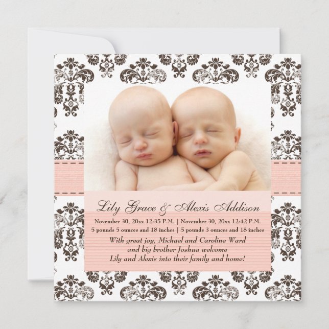 Twins Damask Baby Announcement Pink and Brown (Front)
