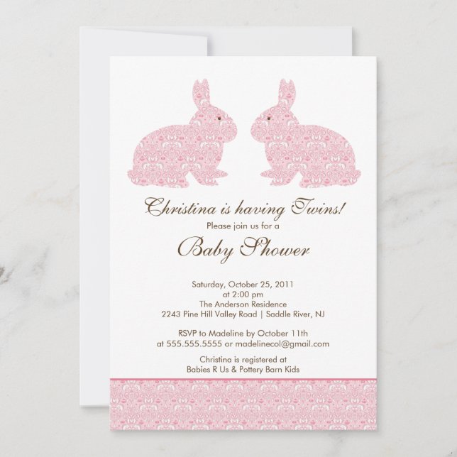 Twins Damask Bunny Baby Shower Invitation Girl (Front)