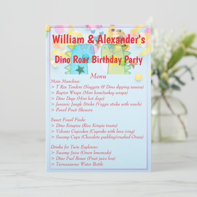 Twins Dino Roar Birthday Party Menu (Standing Front)
