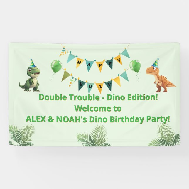 Twins Dinosaur Birthday Banner | Double Trouble (Horizontal)