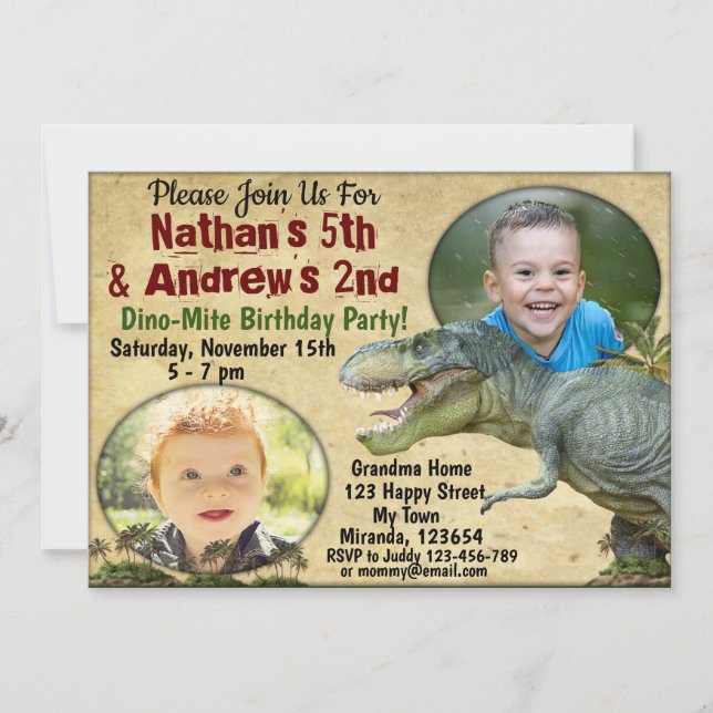 Twins Dinosaur birthday invitation,Twins invite (Front)