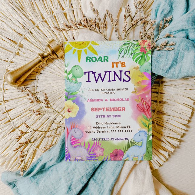 Twins Dinosaur Floral Greenery Baby Girl Shower Invitation (Creator Uploaded)