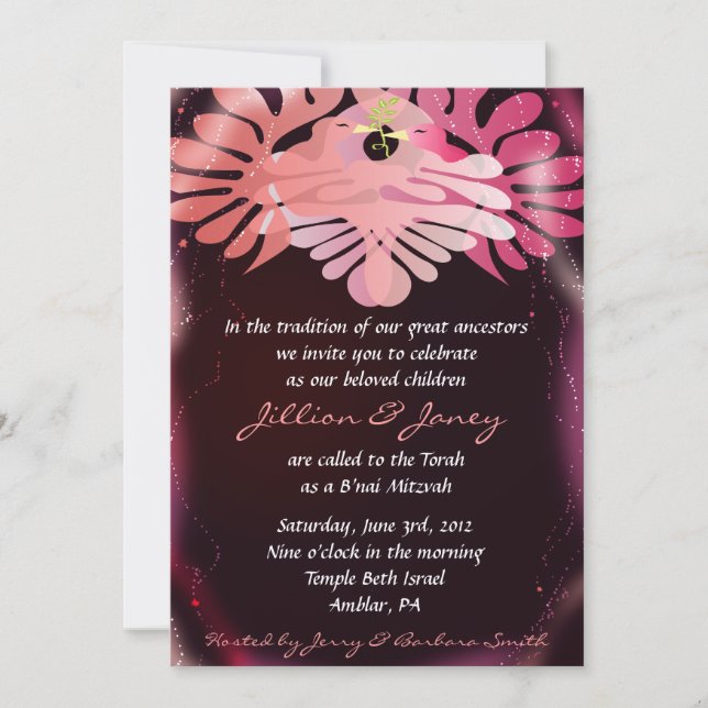 Twins Dove of Peace B'nai Bat Mitzvah Invitation (Front)