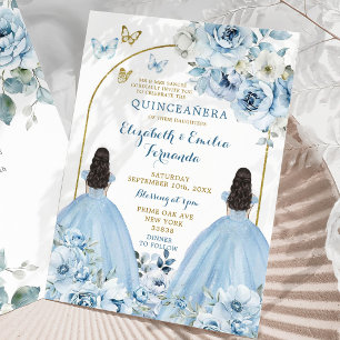 Twins Dusty Blue Mexican Quinceañera Princesses Invitation