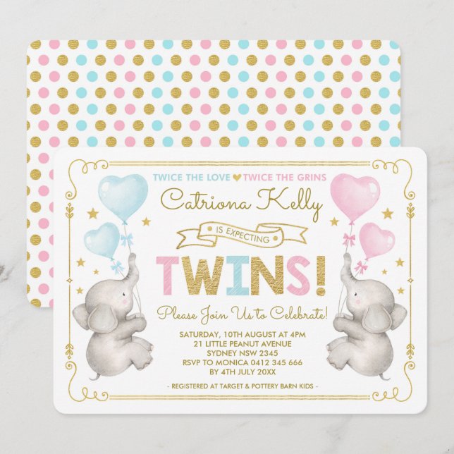 TWINS Elephant Baby Shower Blue Pink Gold Invite (Front/Back)