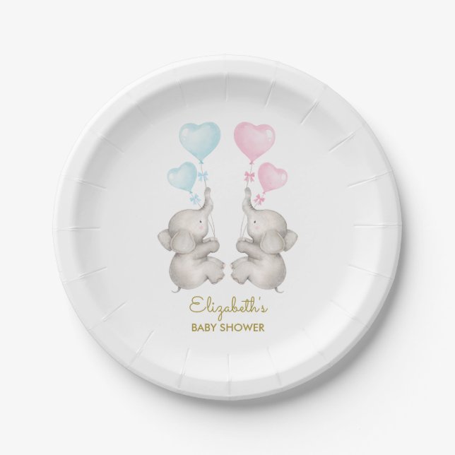 Twins Elephant Baby Shower Gender Reveal 7" Plate (Front)