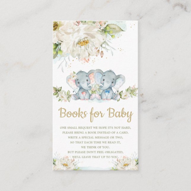 Twins Elephant Boy Girl Baby Shower Books for Baby Enclosure Card (Front)
