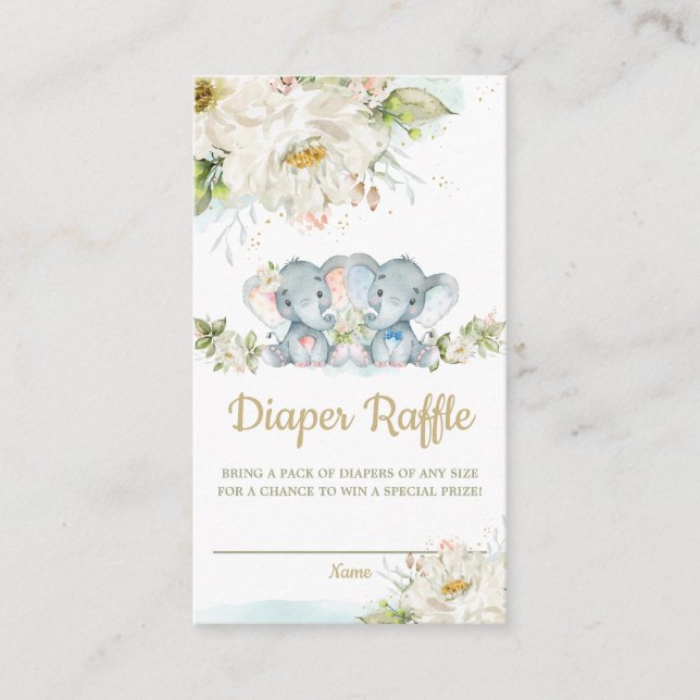 Twins Elephant Boy Girl Baby Shower Diaper Raffle Enclosure Card (Front)