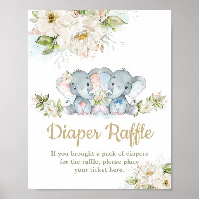 Twins Elephant Boy Girl Baby Shower Diaper Raffle Poster (Front)