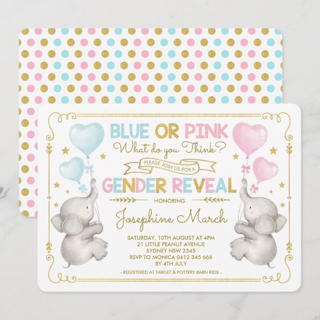 Twins Elephant Gender Reveal Blue Pink Gold Baby Invitation (Front/Back)