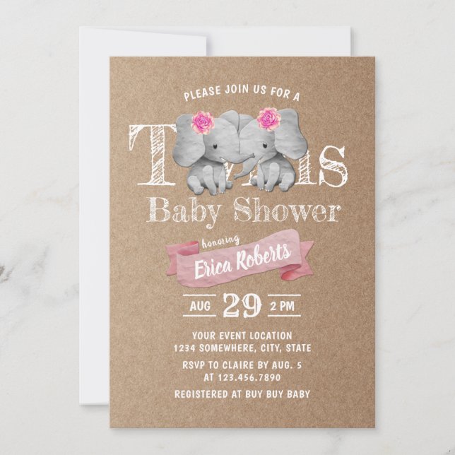 Twins Elephant Rustic Kraft Girl Baby Shower Invitation (Front)