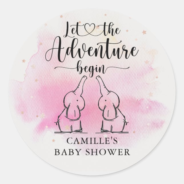 Twins Elephants Baby Shower Classic Round Sticker (Front)