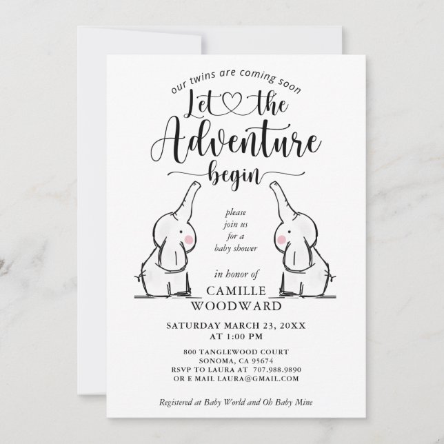 Twins Elephants Baby Shower Invitation (Front)
