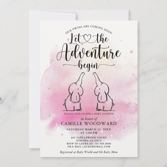 Twins Elephants Baby Shower Invitation (Front)
