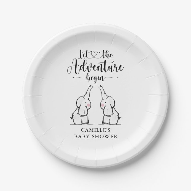 Twins Elephants Baby Shower Paper Plate (Front)