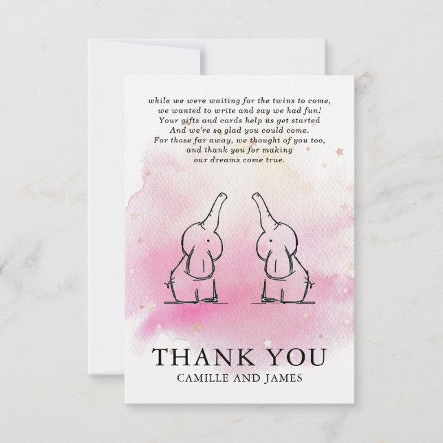 Twins Elephants Baby Shower Thank You Card (Front)