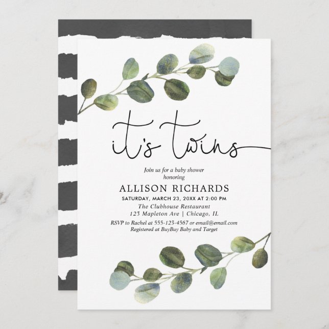 Twins eucalyptus greenery black white baby shower invitation (Front/Back)