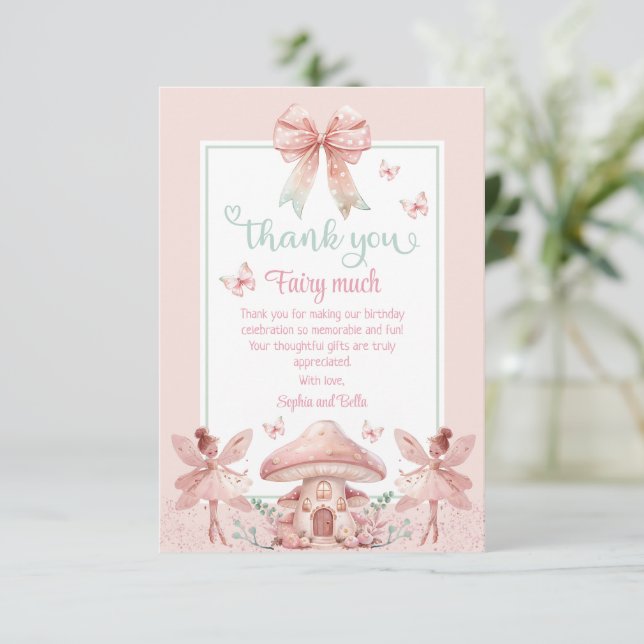 Twins Fairy Girls Mushroom House Ribbon Birthday Thank You Card (Standing Front)