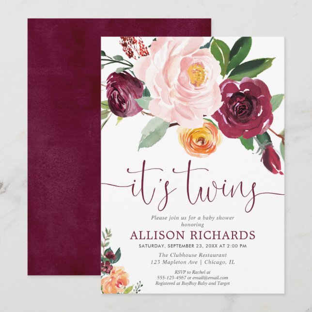 Twins fall floral, blush pink burgundy baby shower invitation (Front/Back)